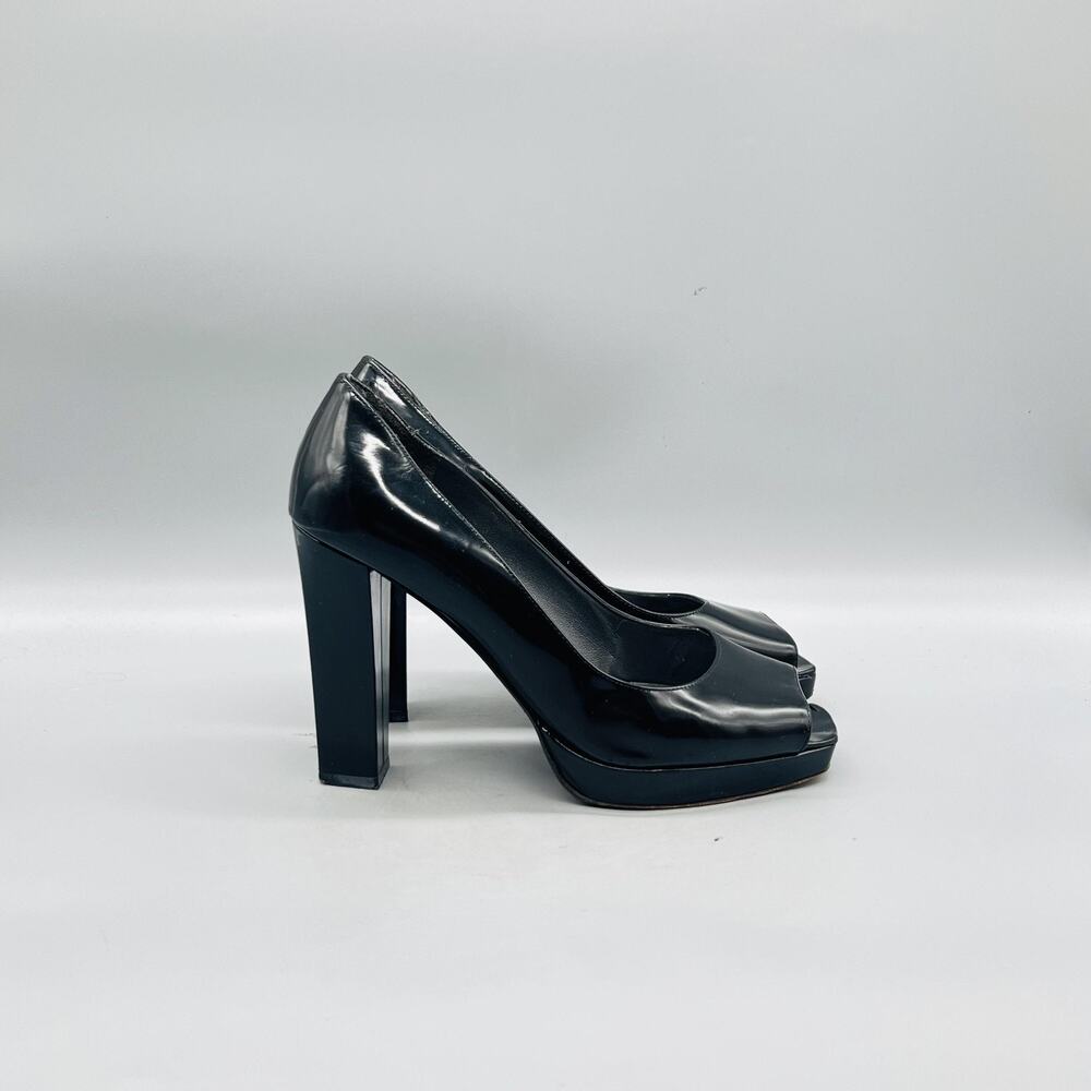 Stuart Weitzman Shoes Womens 8 Black Patent Platform Peep Toe Block Heel Pumps